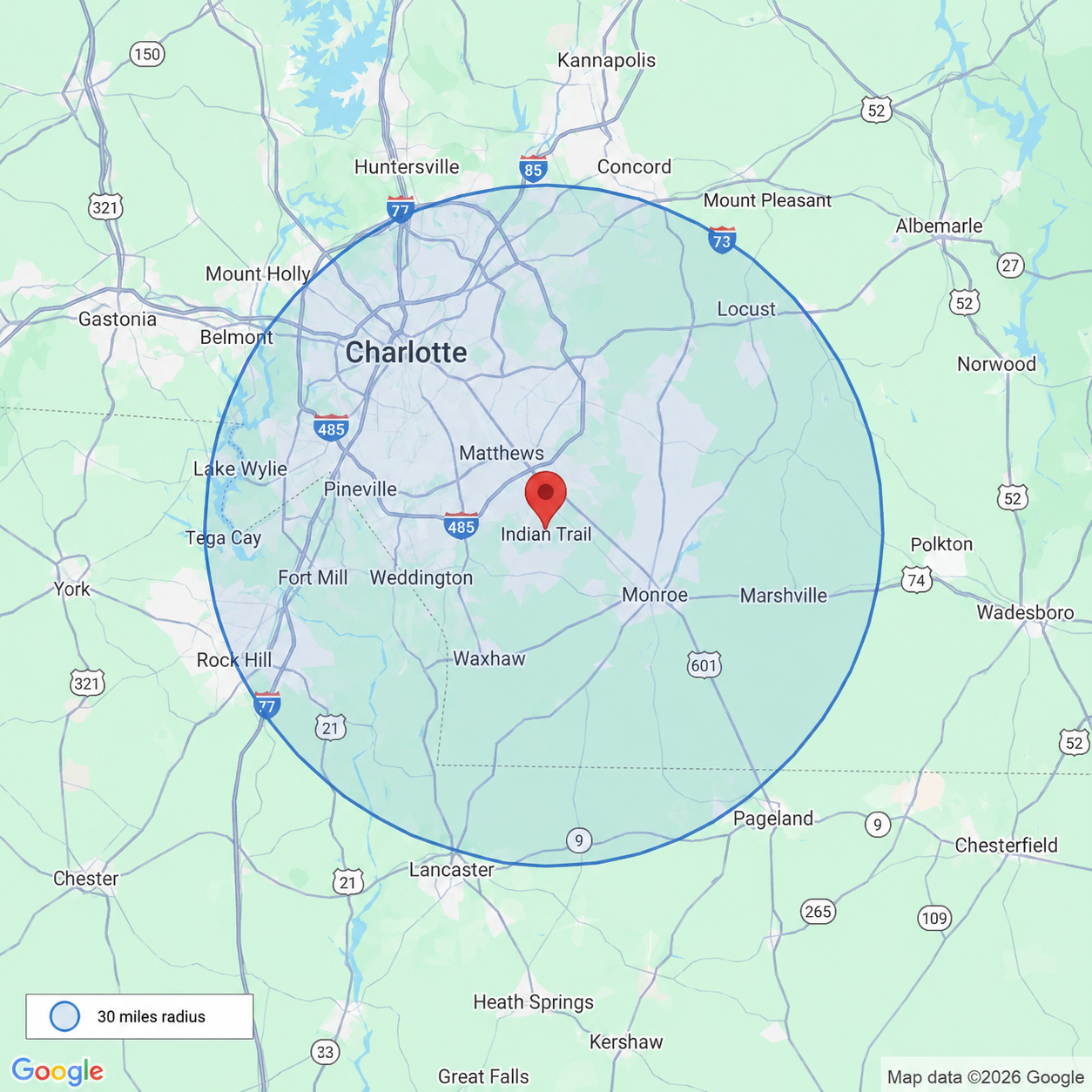 Map showing East Coast Fleet Wash service area within a 30-mile radius of Indian Trail, NC